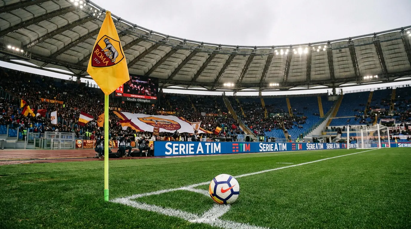 Esquina de campo de fútbol con banderín de córner y balón de Serie A