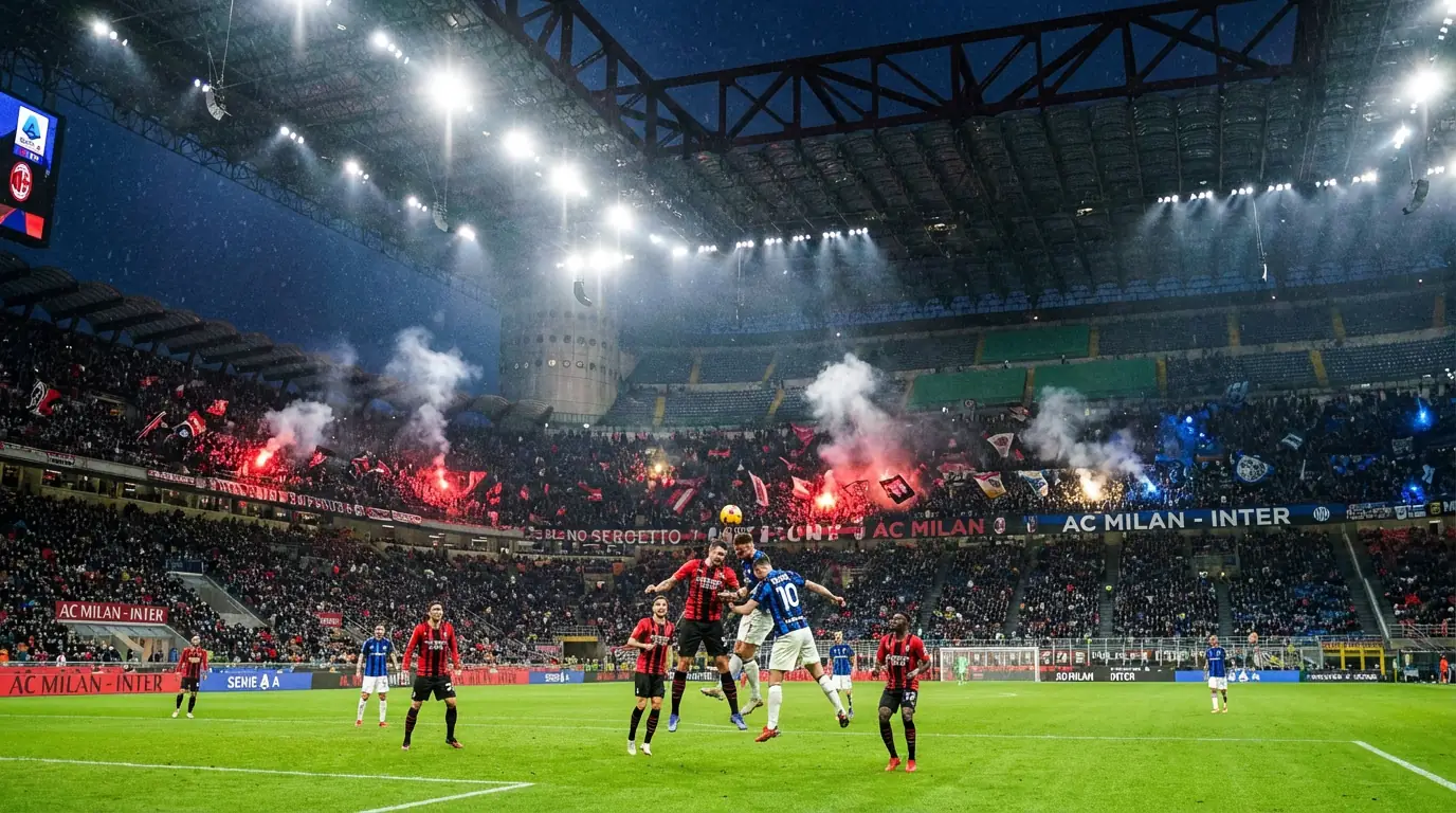 Estadio de fútbol italiano iluminado durante un partido nocturno en vivo