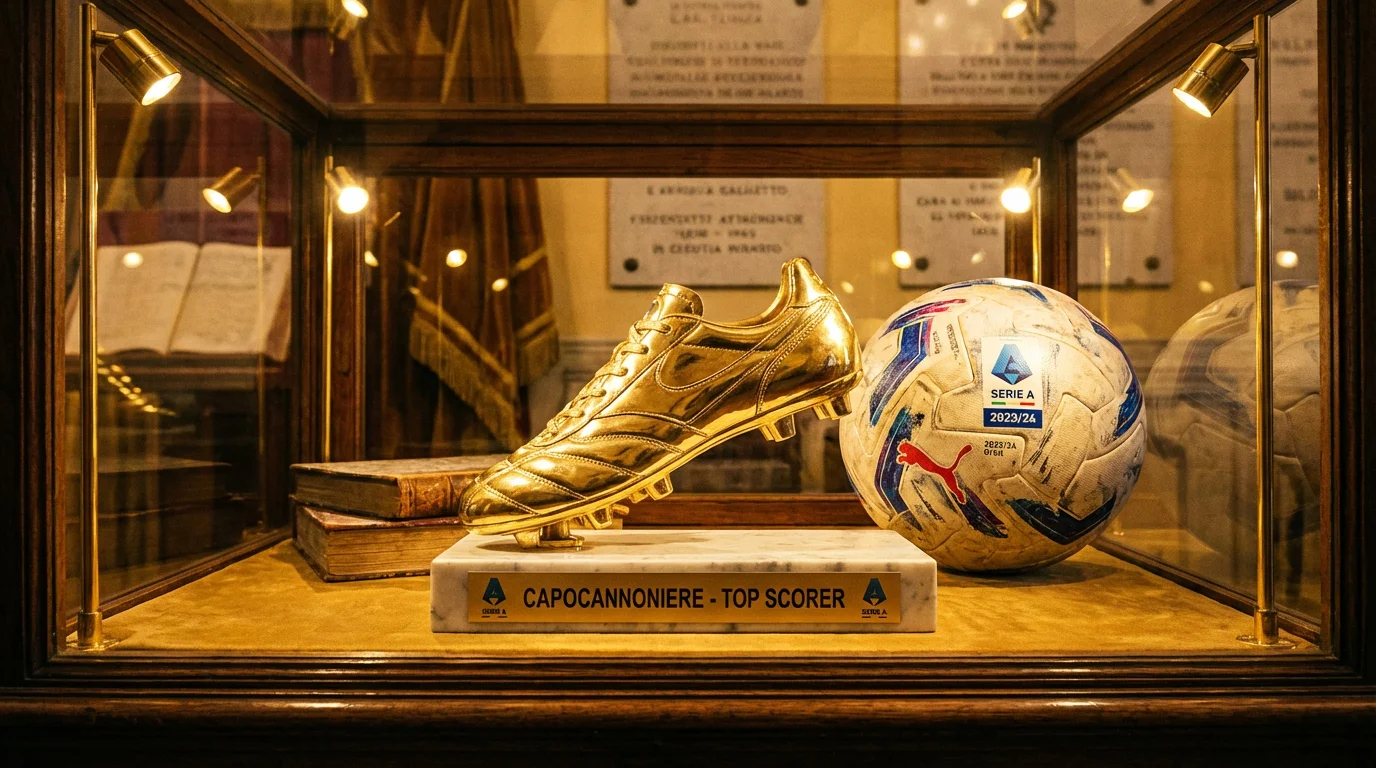 Bota de oro del Capocannoniere junto a un balón de fútbol de la Serie A