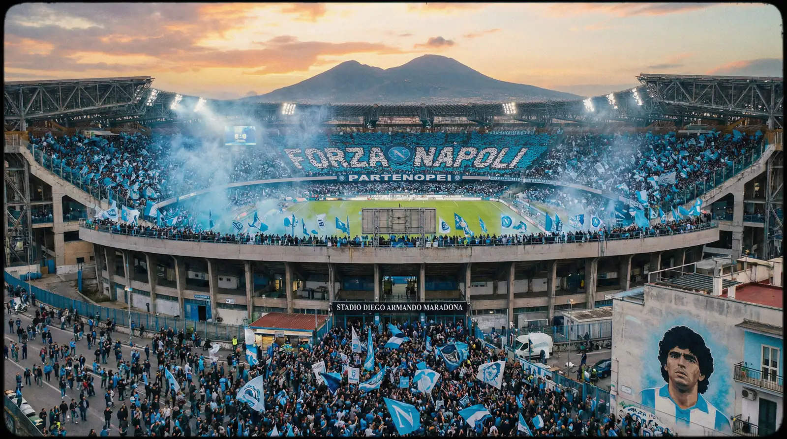 Estadio Diego Armando Maradona con colores azul celeste del Napoli