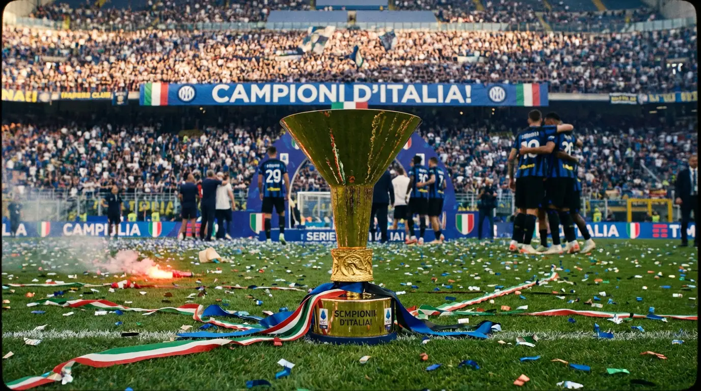 Trofeo del Scudetto de la Serie A italiana sobre césped del estadio