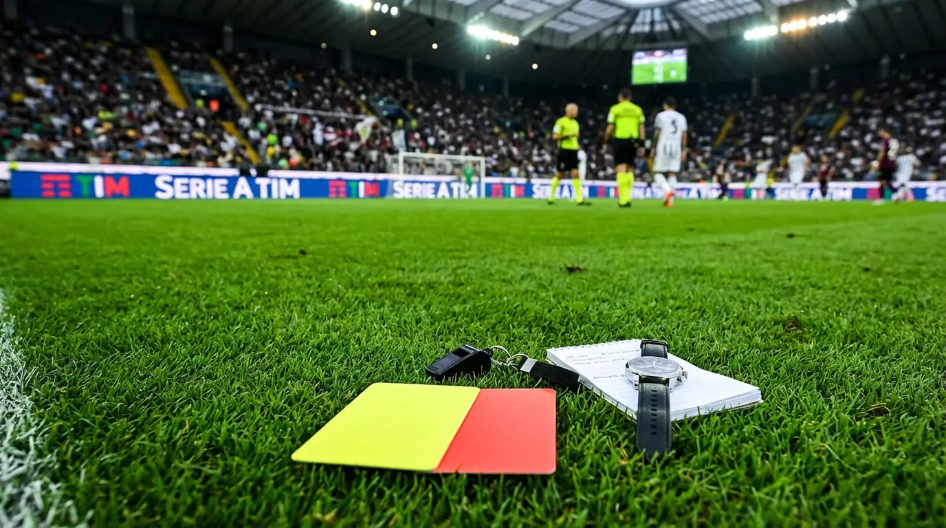 Tarjeta amarilla y tarjeta roja sobre césped de campo de fútbol italiano