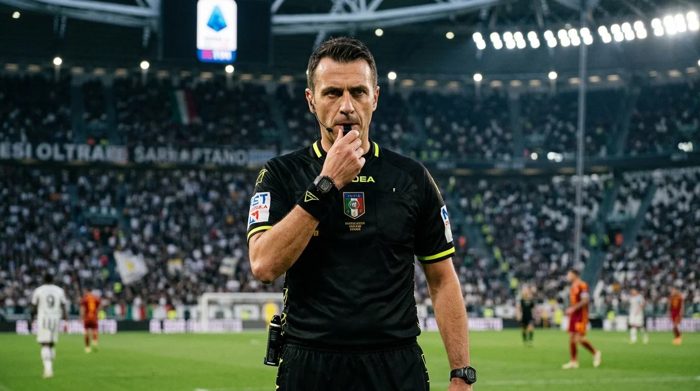 Árbitro de la Serie A italiana con silbato y equipamiento oficial