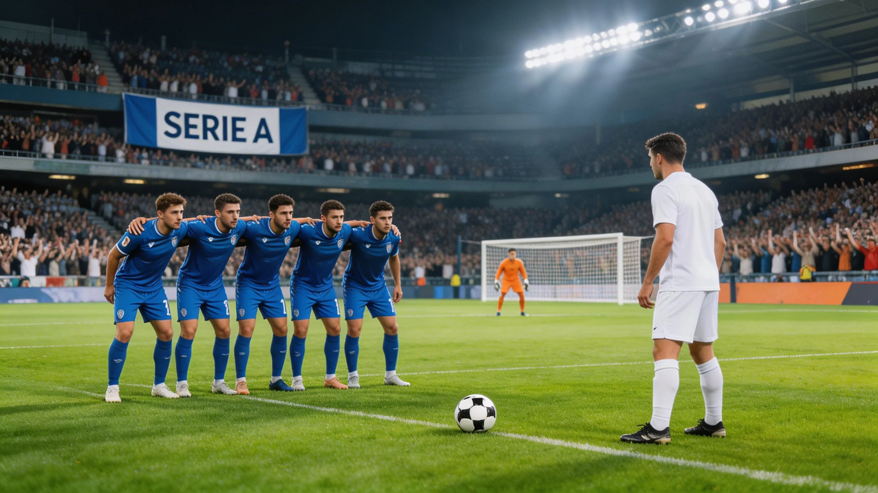 Jugadores formando barrera defensiva ante tiro libre en partido de Serie A