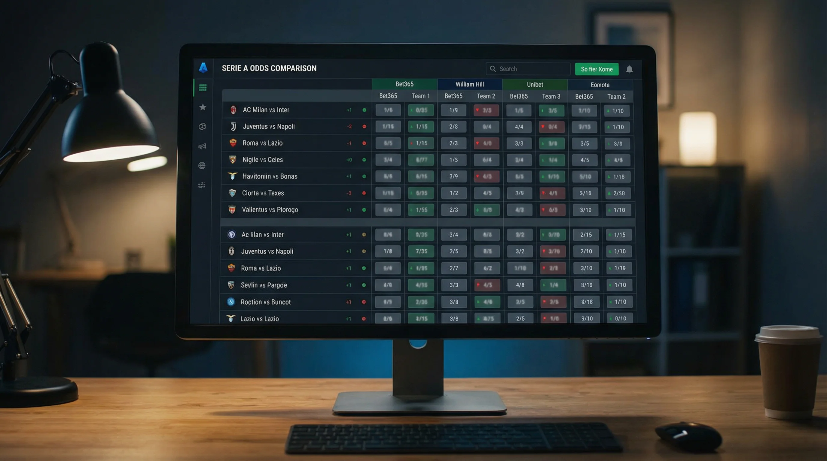 Pantalla mostrando diferentes cuotas de apuestas para un partido de Serie A