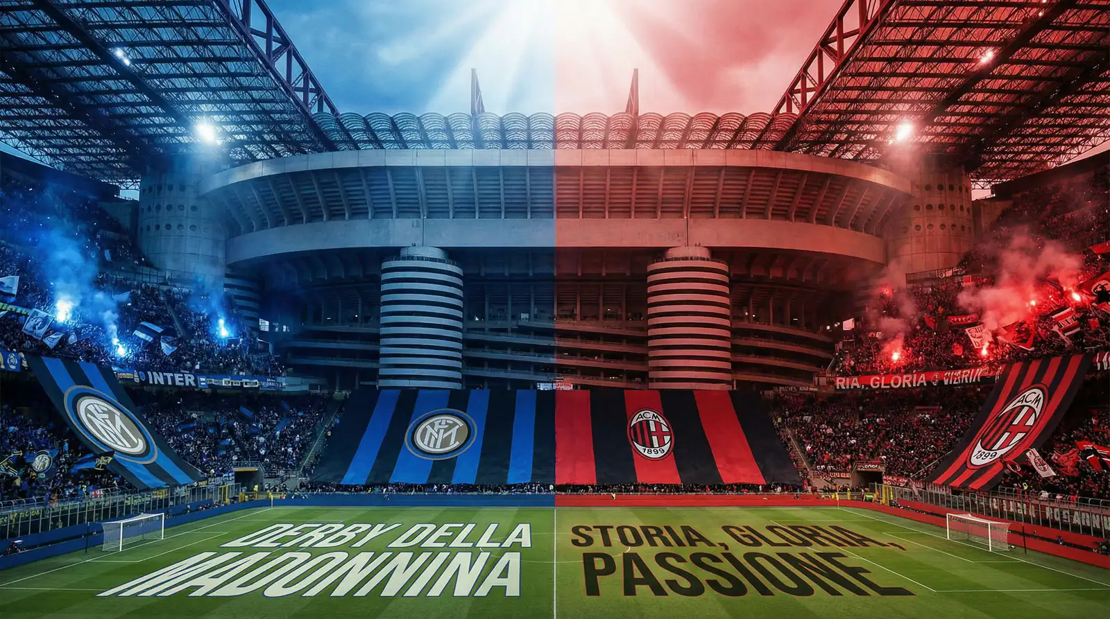 Estadio San Siro dividido en colores azul nerazzurri y rojo rossonero