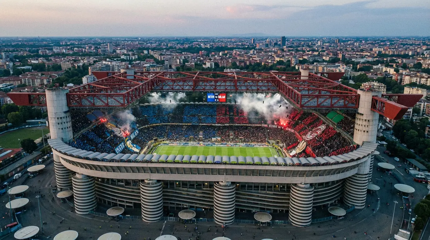Vista aérea del estadio San Siro durante el Derby della Madonnina