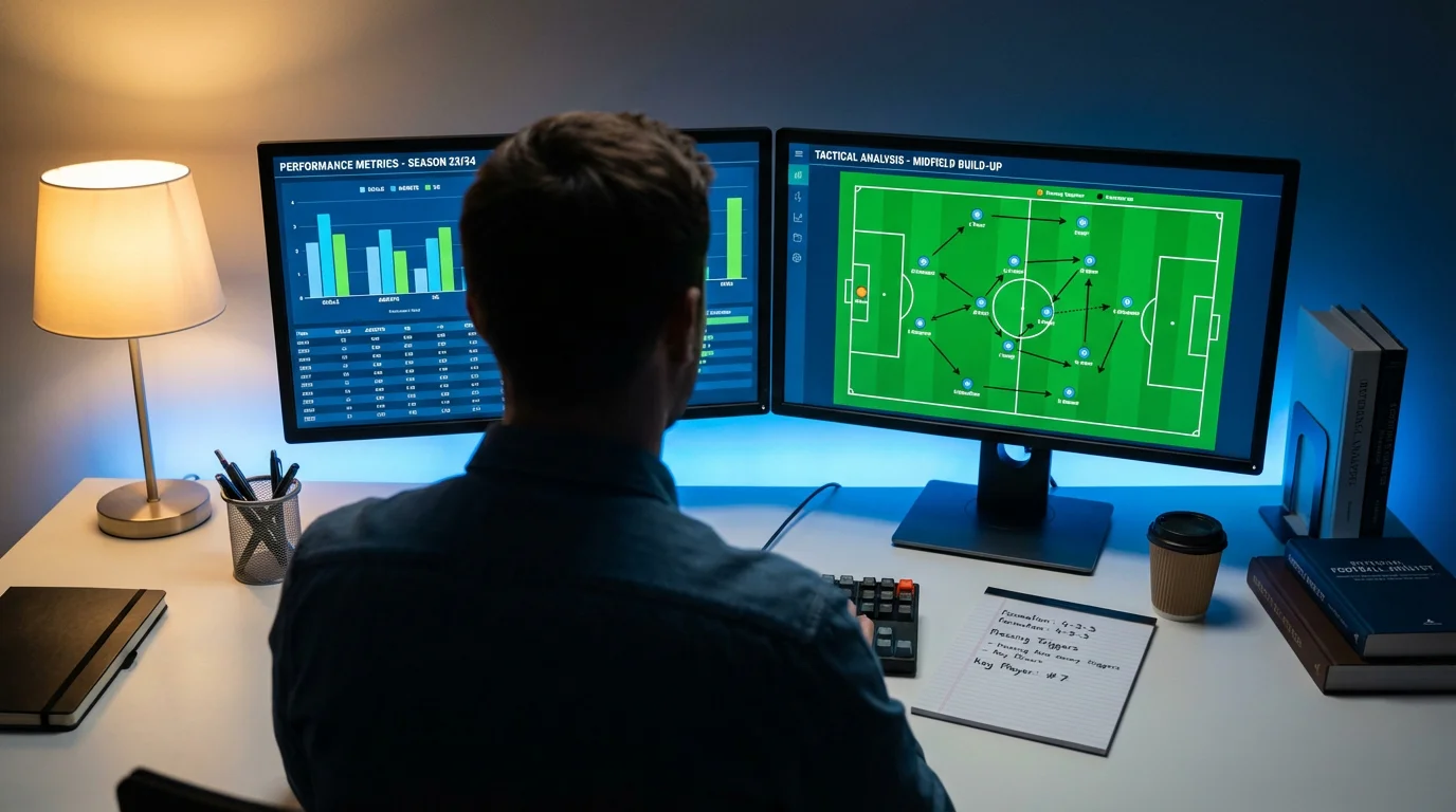 Analista revisando estadísticas de partidos de Serie A en pantallas