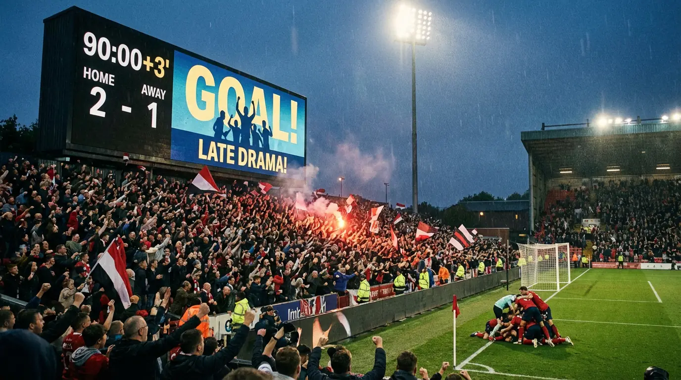 Marcador de estadio mostrando minuto 90 con celebración de gol tardío