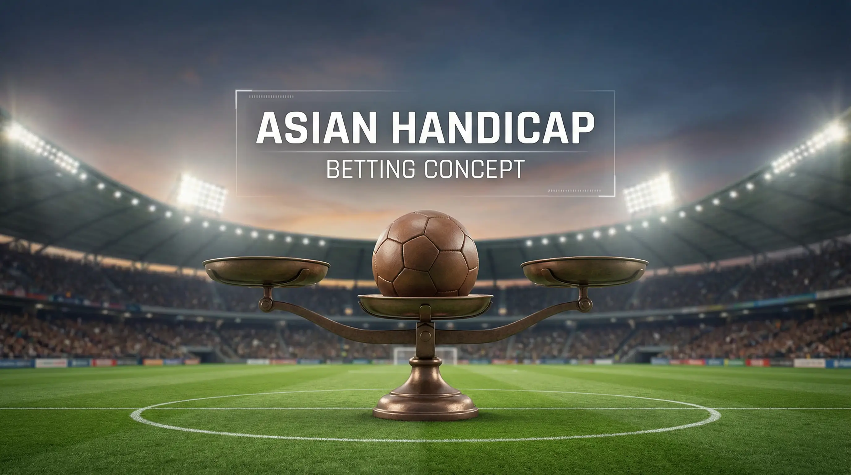 Balanza equilibrada sobre un campo de fútbol representando el hándicap en apuestas deportivas