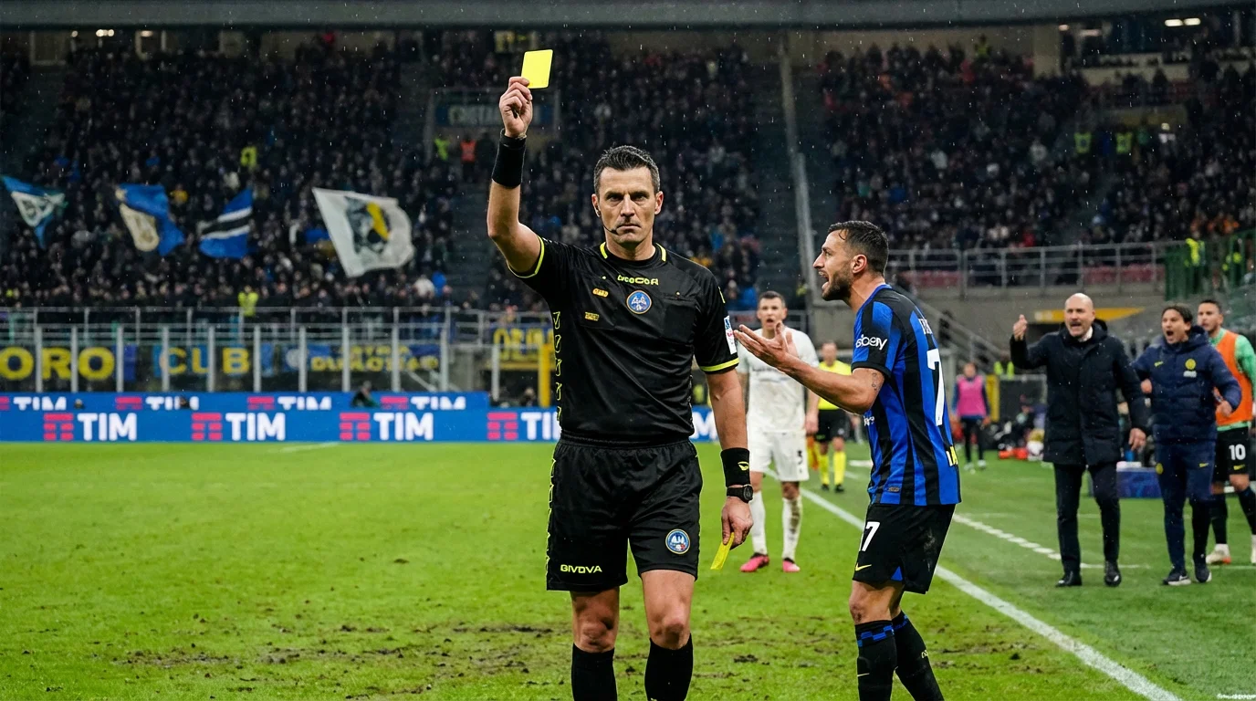 Árbitro italiano mostrando tarjeta amarilla durante partido de Serie A