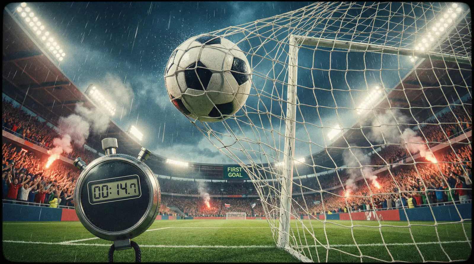 Cronómetro junto a un balón de fútbol entrando en la portería para el primer gol