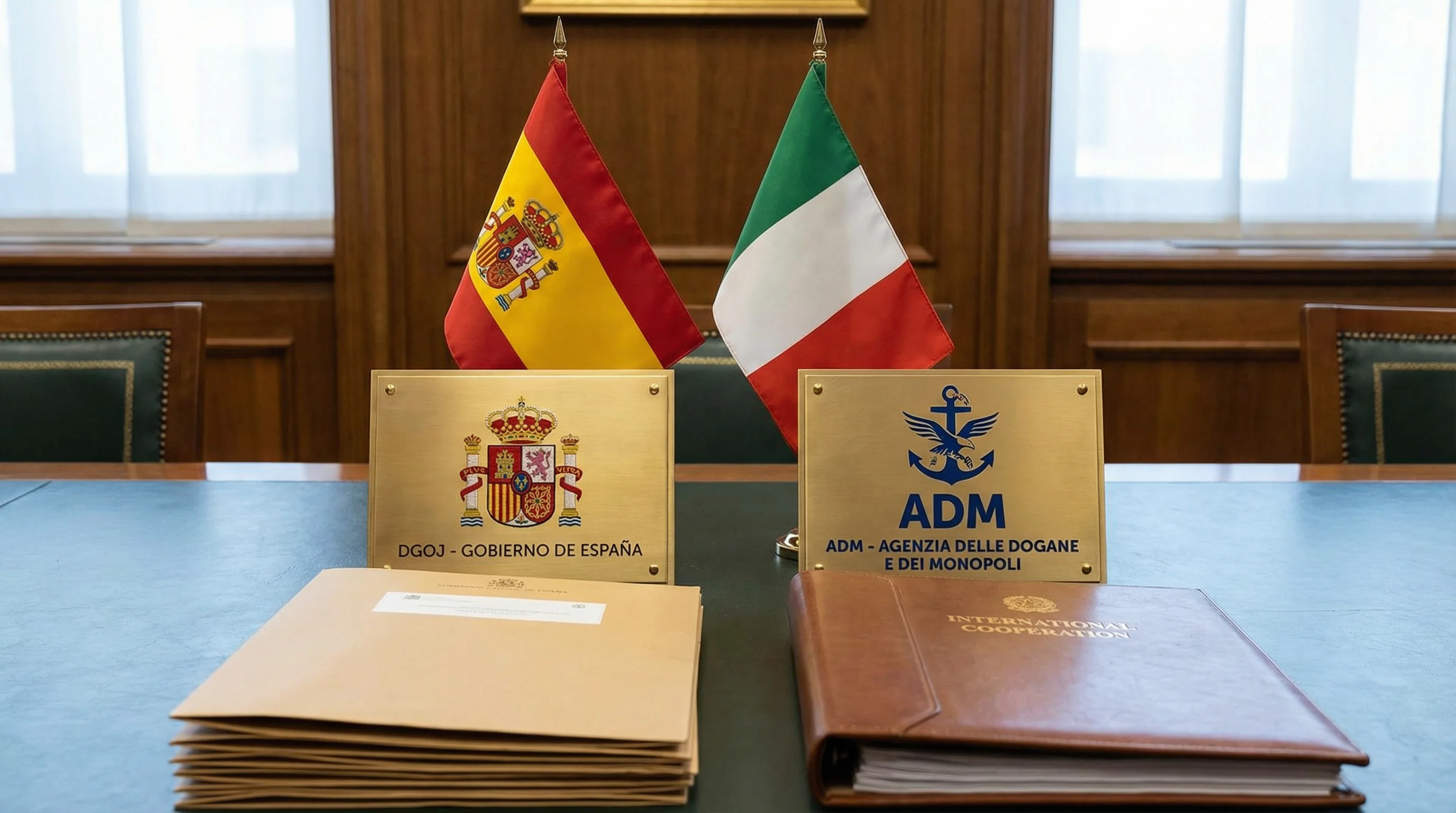 Banderas de España e Italia con símbolos de regulación de apuestas deportivas