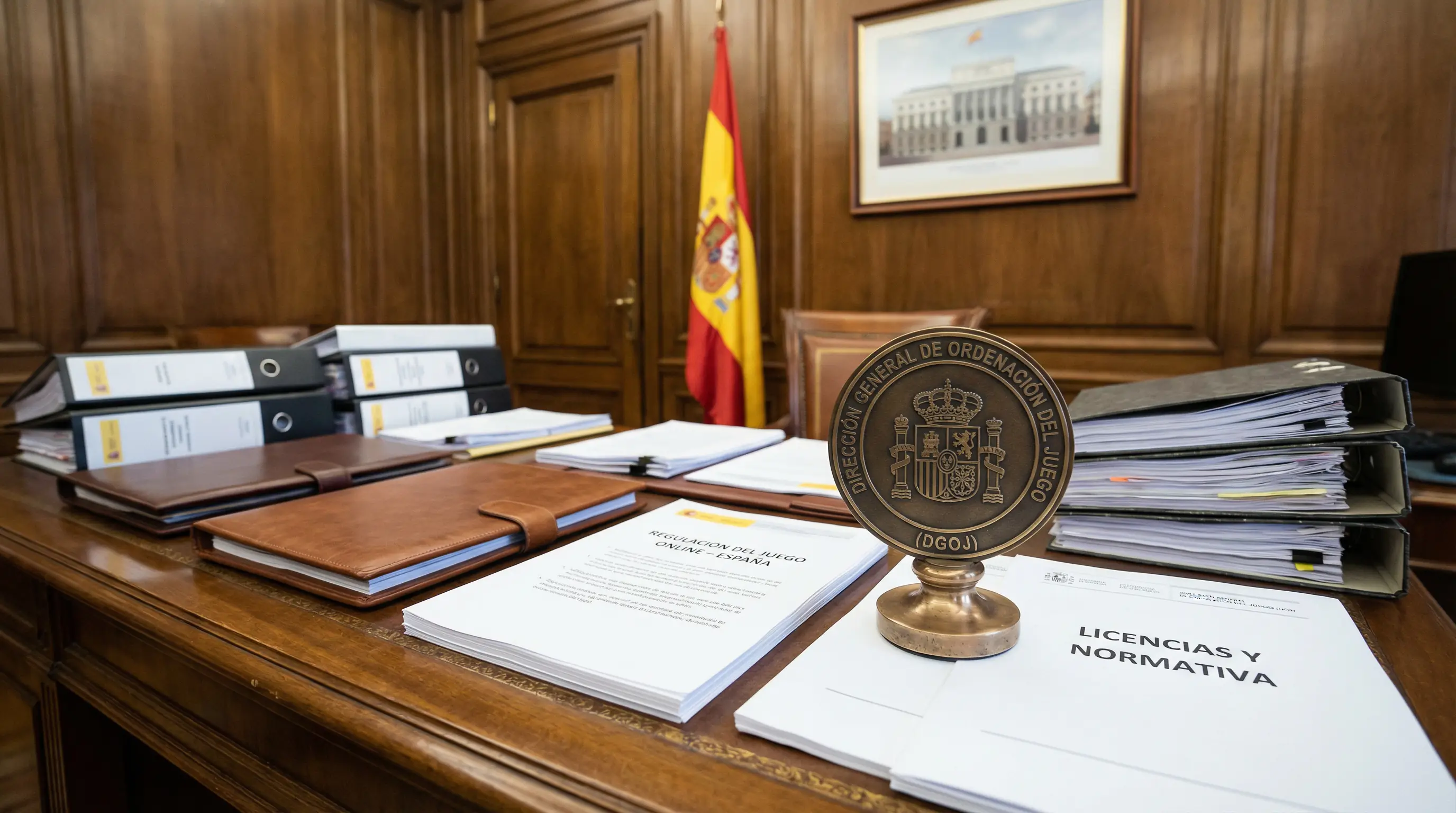 Escudo oficial de España junto a documentación de licencia de apuestas